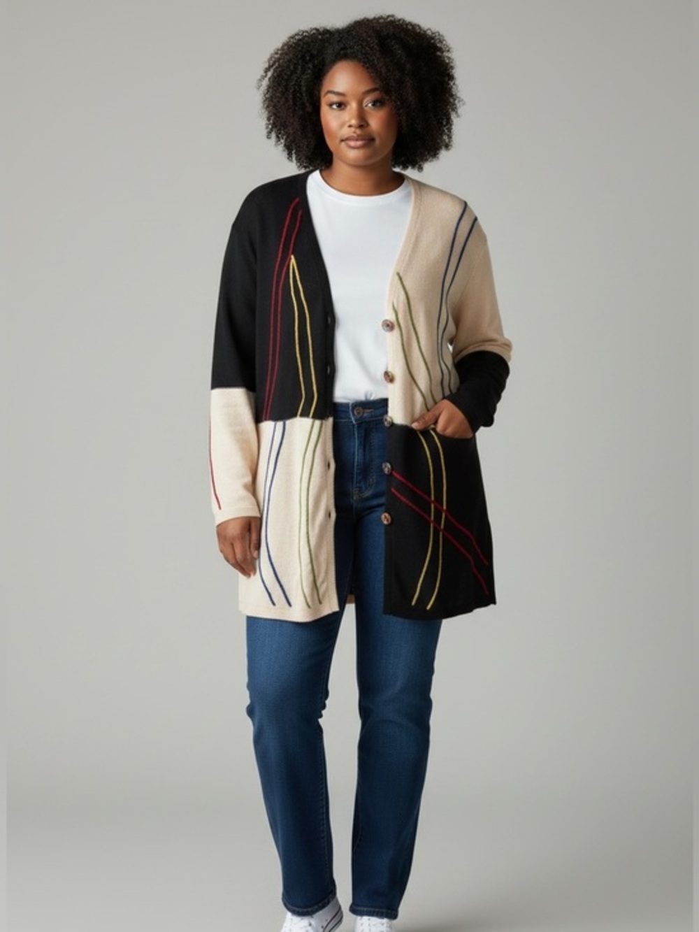 JSS Vintage Unique Colorful Artistic  Artsy Embroidered Button-Up Cardigan xlg